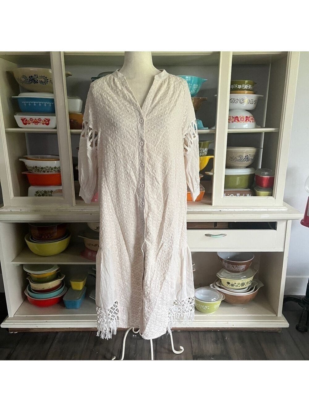 Listicle Bohemian Eyelet Cream Dress - Size Small